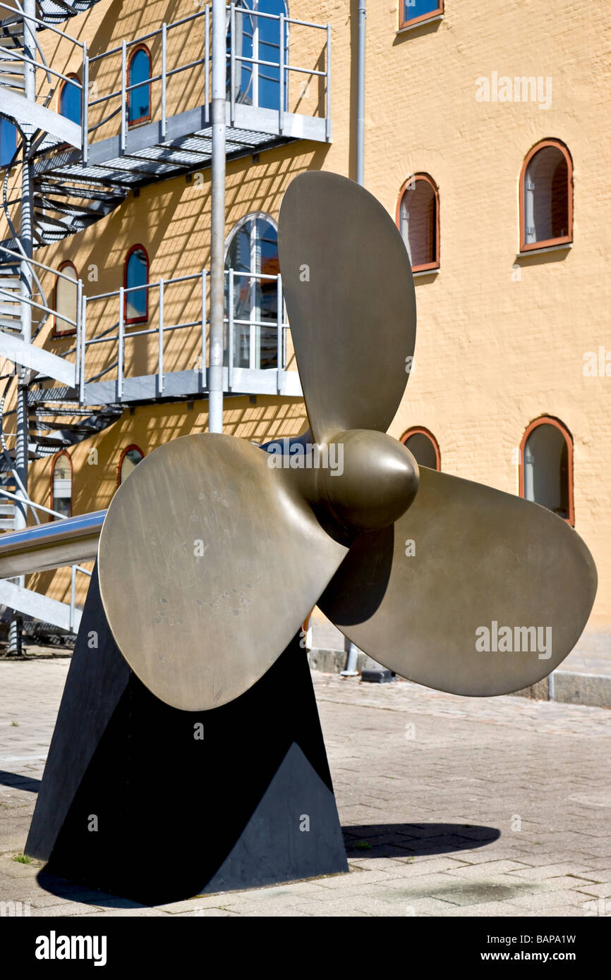 Modern propeller art sculpture at the harbour in Svendborg Stock Photo