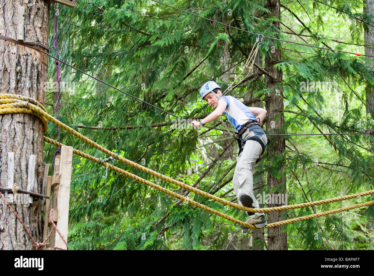 A woman works her way through a high ropes course at the Strathcona Park Lodge, BC Stock Photo