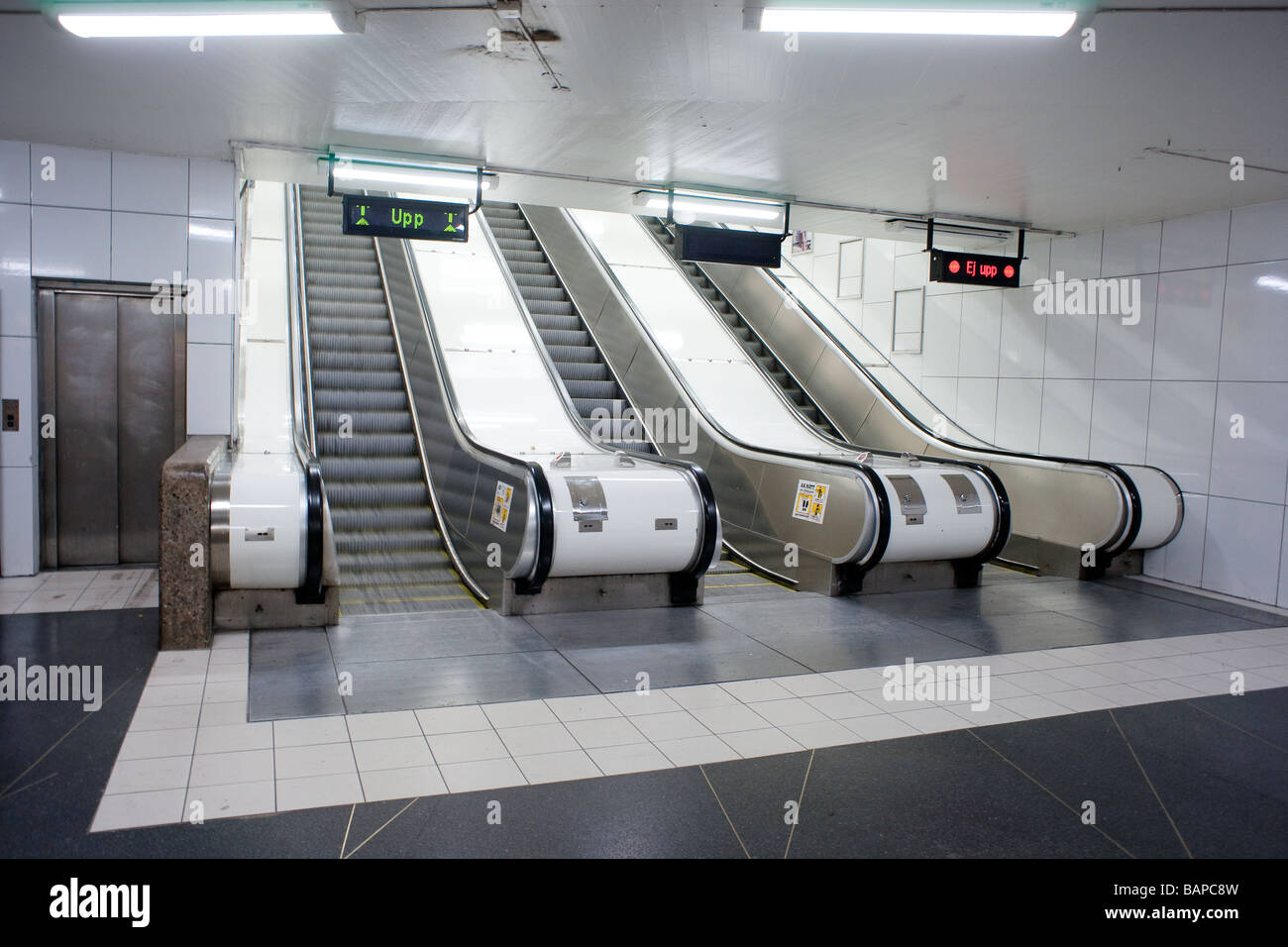 The escalators at the Mariatorget station in Stockholm s subway Stock Photo