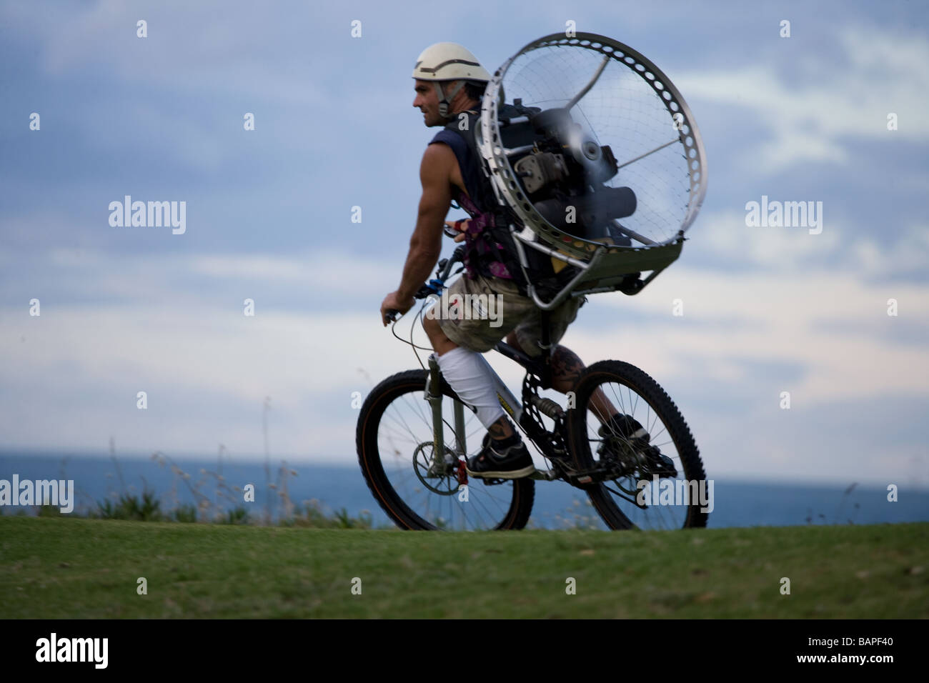 Propeller propelled bicycle in New Zealand Stock Photo