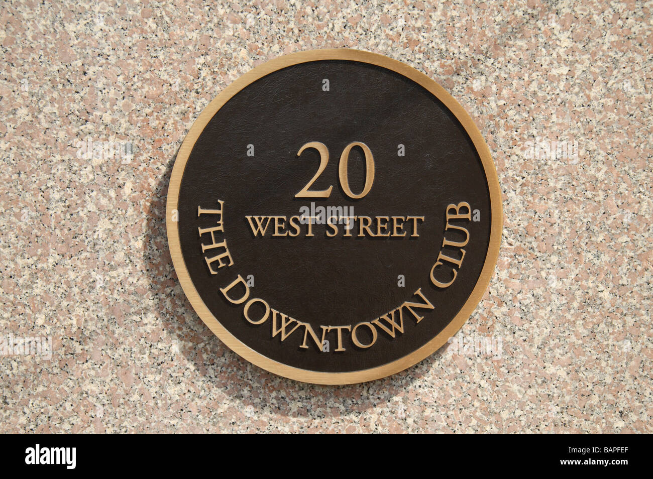 Plaque beside the entrance to the Downtown Club, West Street, Manhattan, New York. Stock Photo