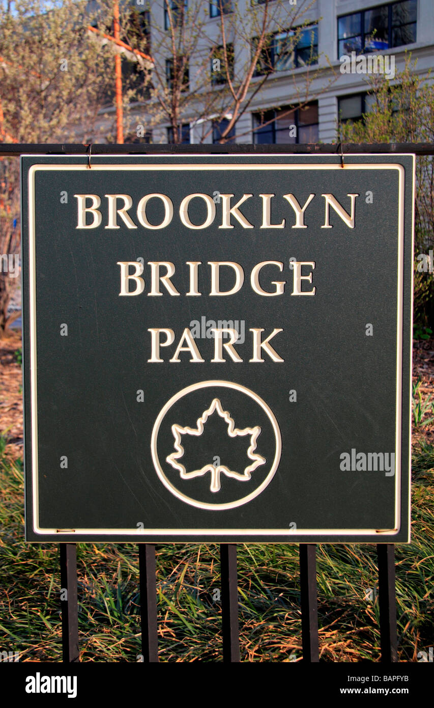 A sign at the entrance to Broklyn Bridge Park, Brooklyn, New York. Stock Photo
