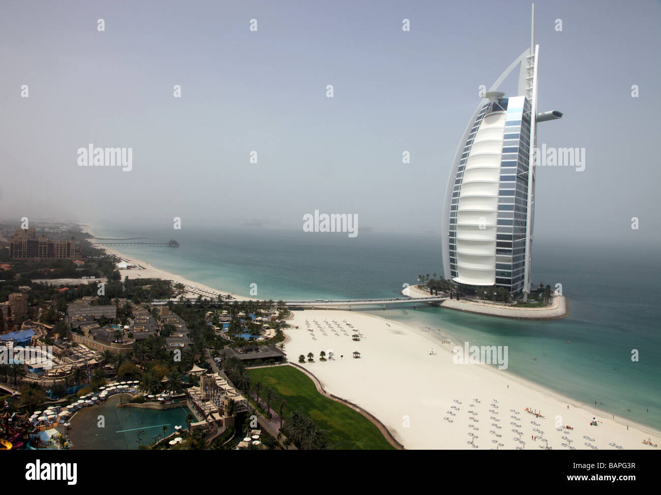 Burj al Arab super luxury hotel and Wild Wadi water amusement park Dubai United Arab Emirates Stock Photo