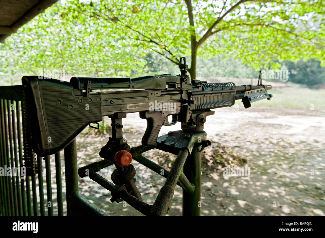 Visitors and Tourists can fire this captured American M60 Machine Gun at the Cu Chi Tunnel Complex, Ho Chi Minh City, Vietnam Stock Photo