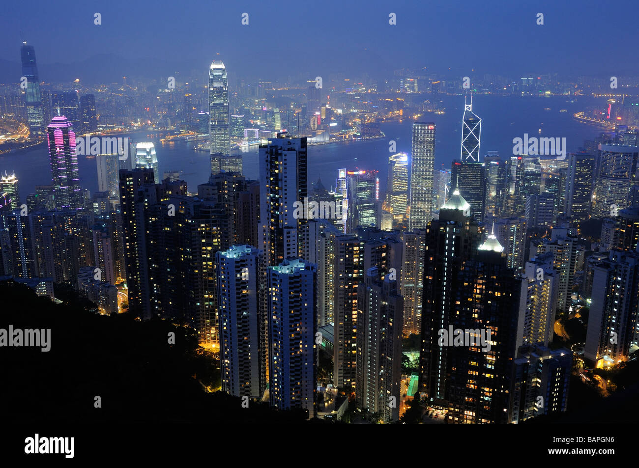 Hong Kong City skyscrapers at night from The Peak Stock Photo