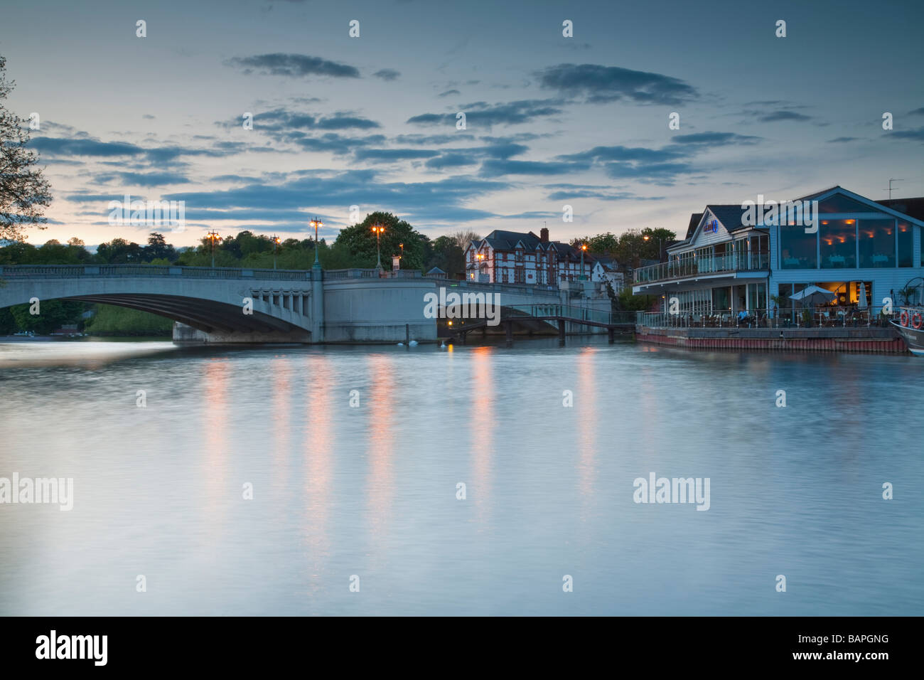 Caversham Bridge and Pipers Island on the River Thames at sunset Reading Berkshire Uk Stock Photo