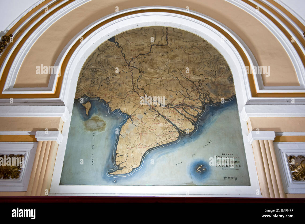 Old map of Vietnam or French Indochina inside Ho Chi Minh City Central Post Office, Vietnam. Stock Photo