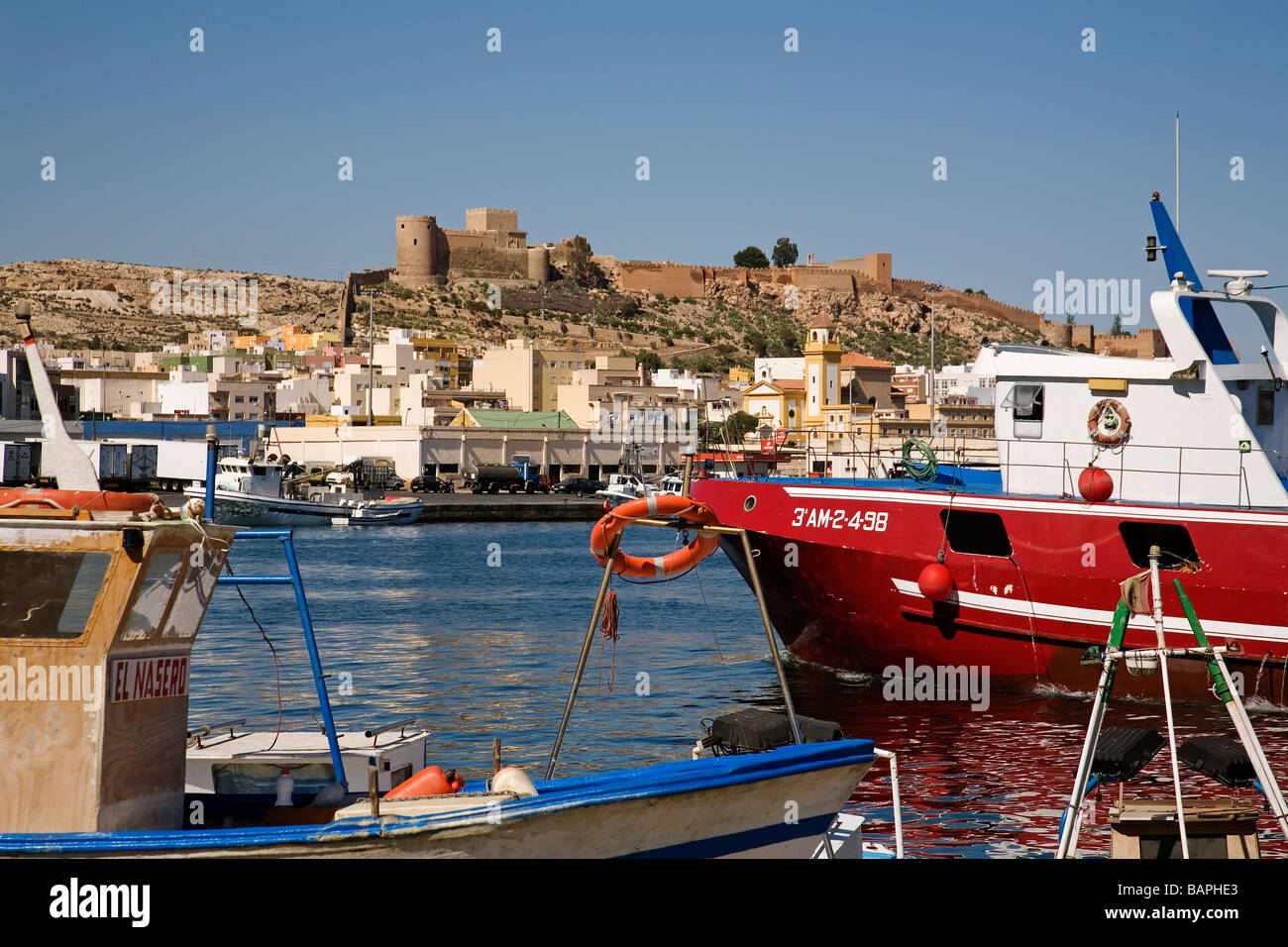 Fishing Harbor Monumental Citadel and Castle Almeria Andalusia Spain Stock Photo