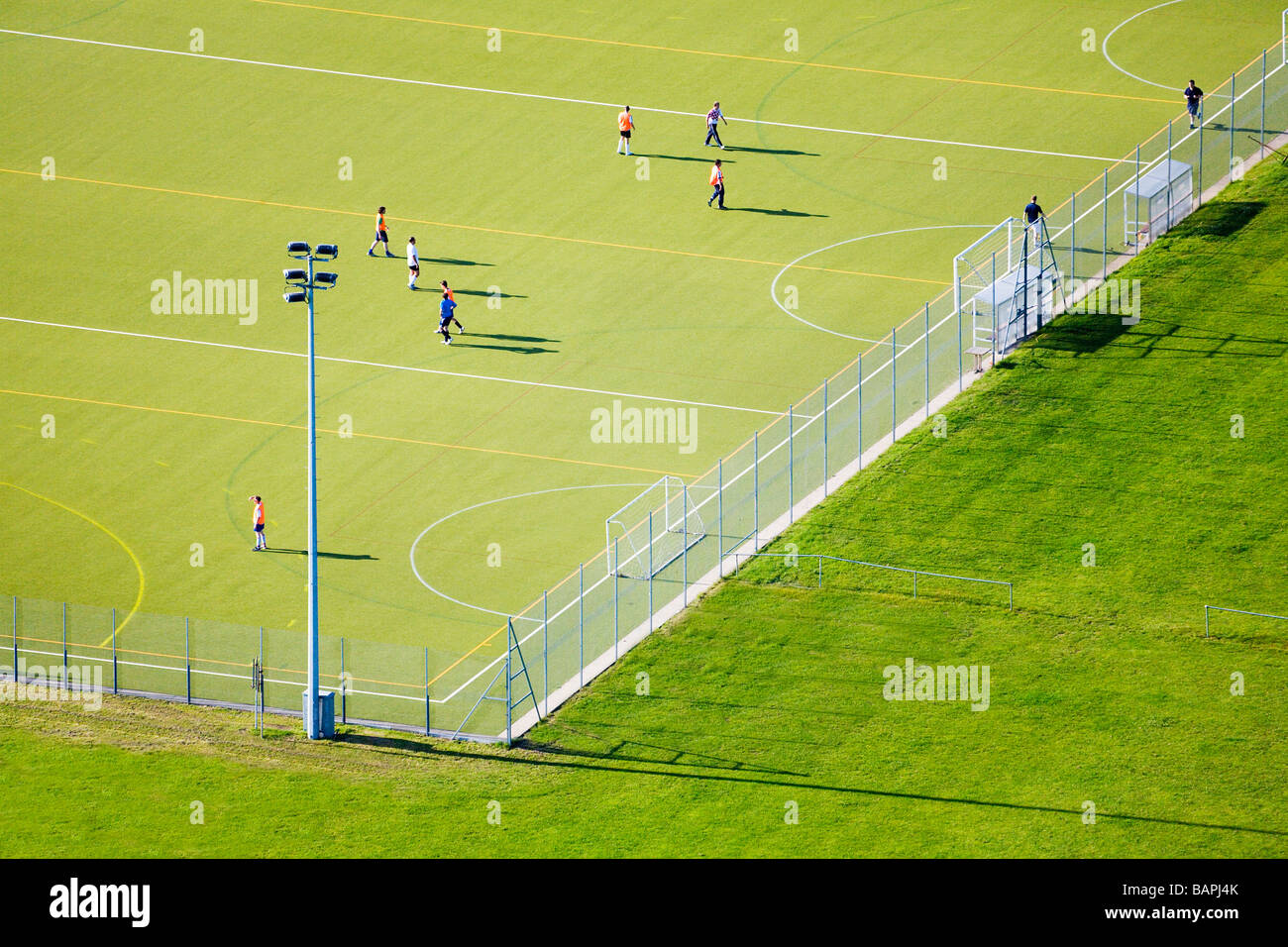 Aerial view of a sports field. Games of five-a-side football / soccer  in progress. Dorset. UK. Stock Photo