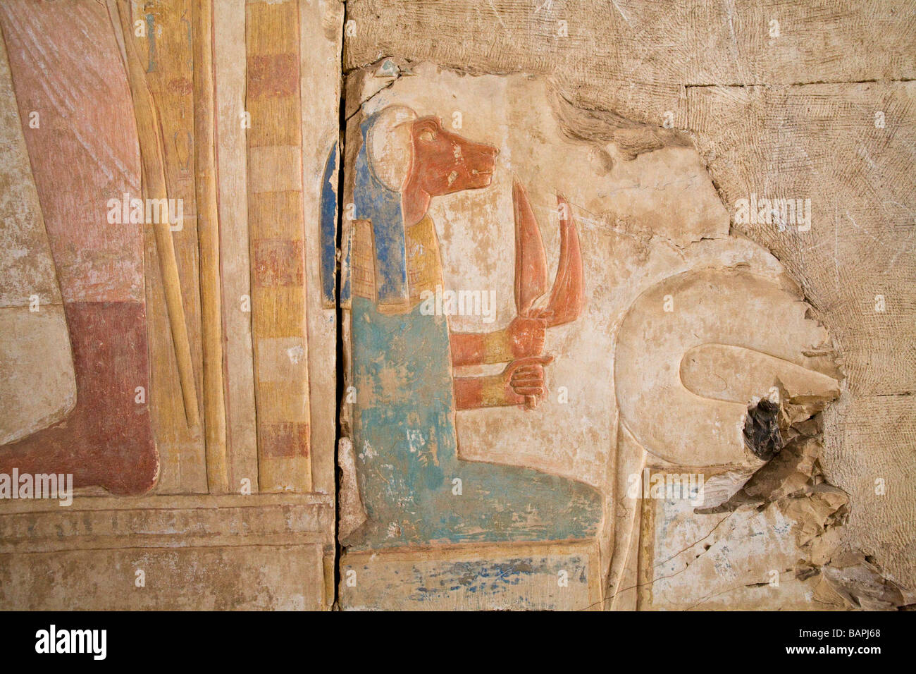 Painted reliefs on the inner  walls of the Temple of Ramesses II at Abydos, Nile Valley Egypt Stock Photo