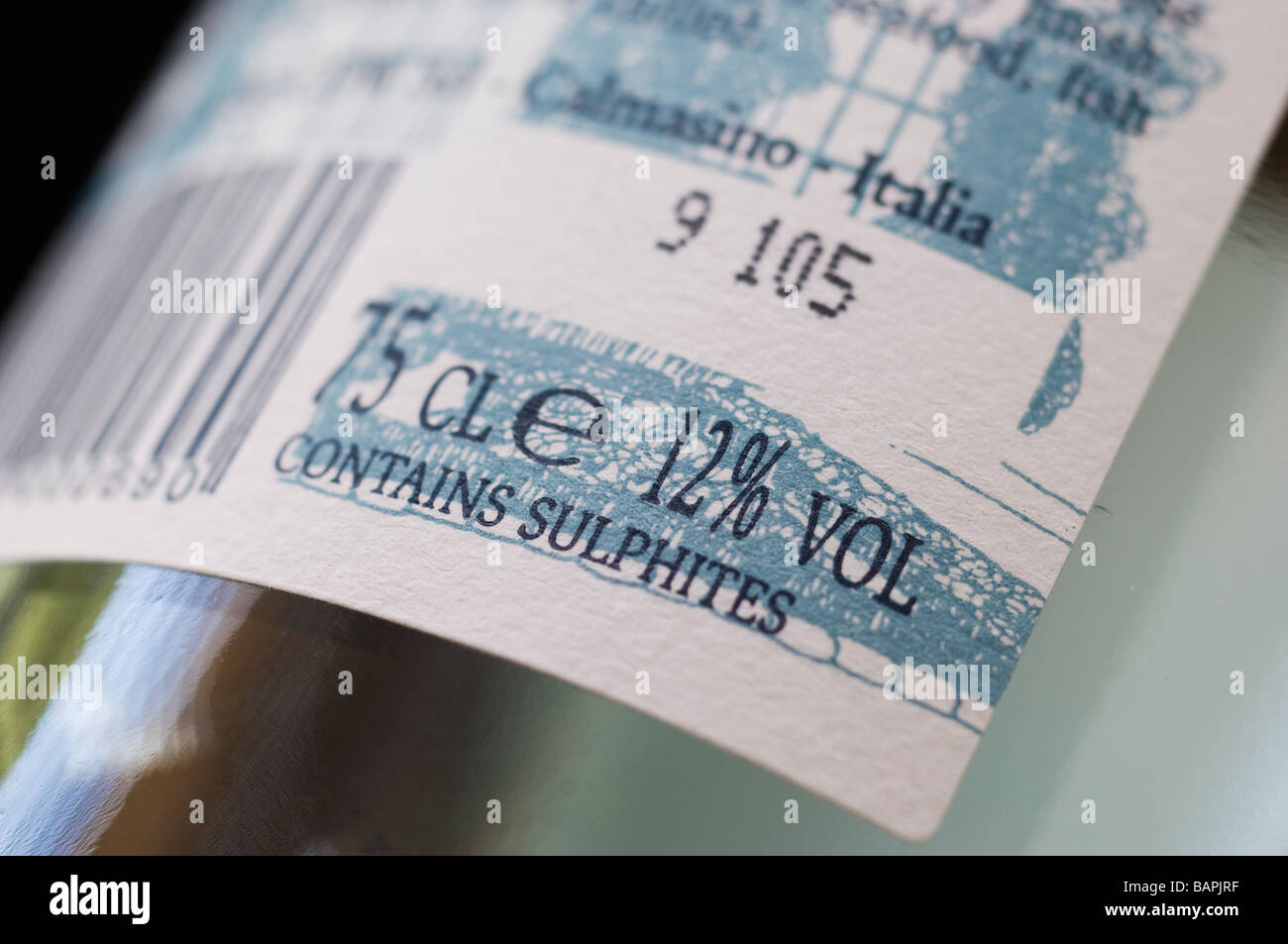 Italian white wine back label closeup with Contains Sulphites Stock
