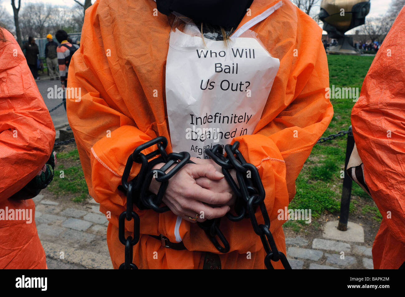 Demonstrators protest Guantanamo torture and corporate bailouts. Stock Photo