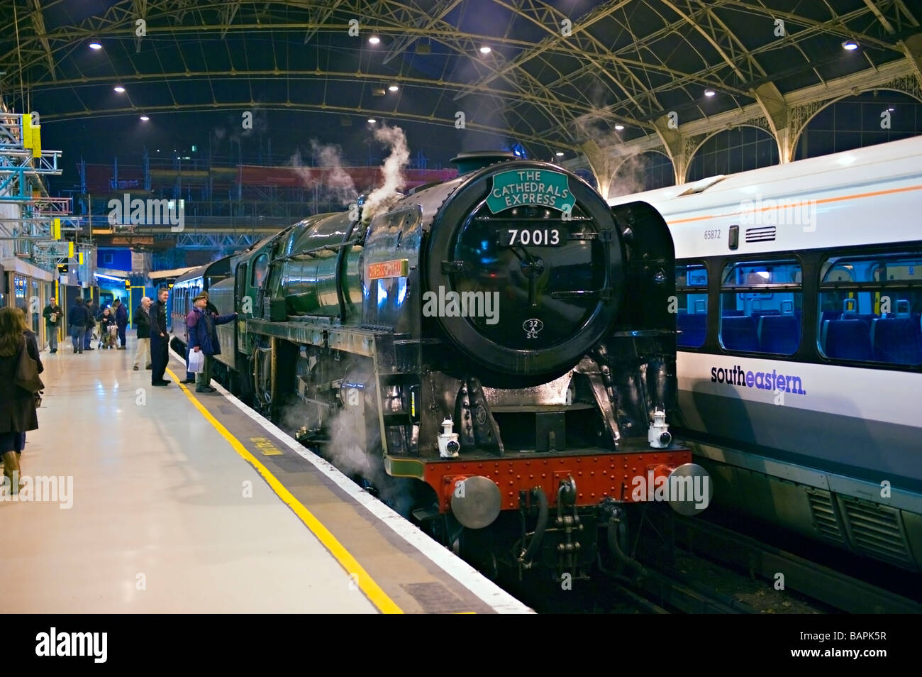 Steam Locomotive 70013 'Oliver Cromwell' at London Victoria Station. Stock Photo