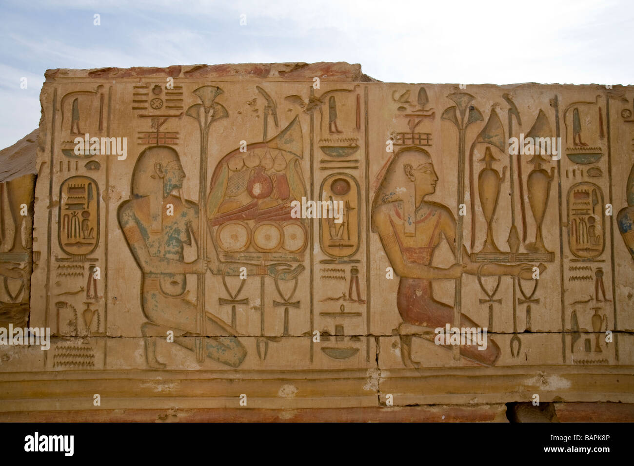 Painted reliefs on the inner  walls of the Temple of Ramesses II at Abydos, Nile Valley Egypt Stock Photo