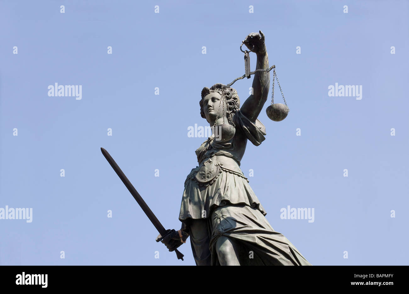 Statue of Justitia ( Justice ) on the Roemerberg, Frankfurt on the Main Stock Photo
