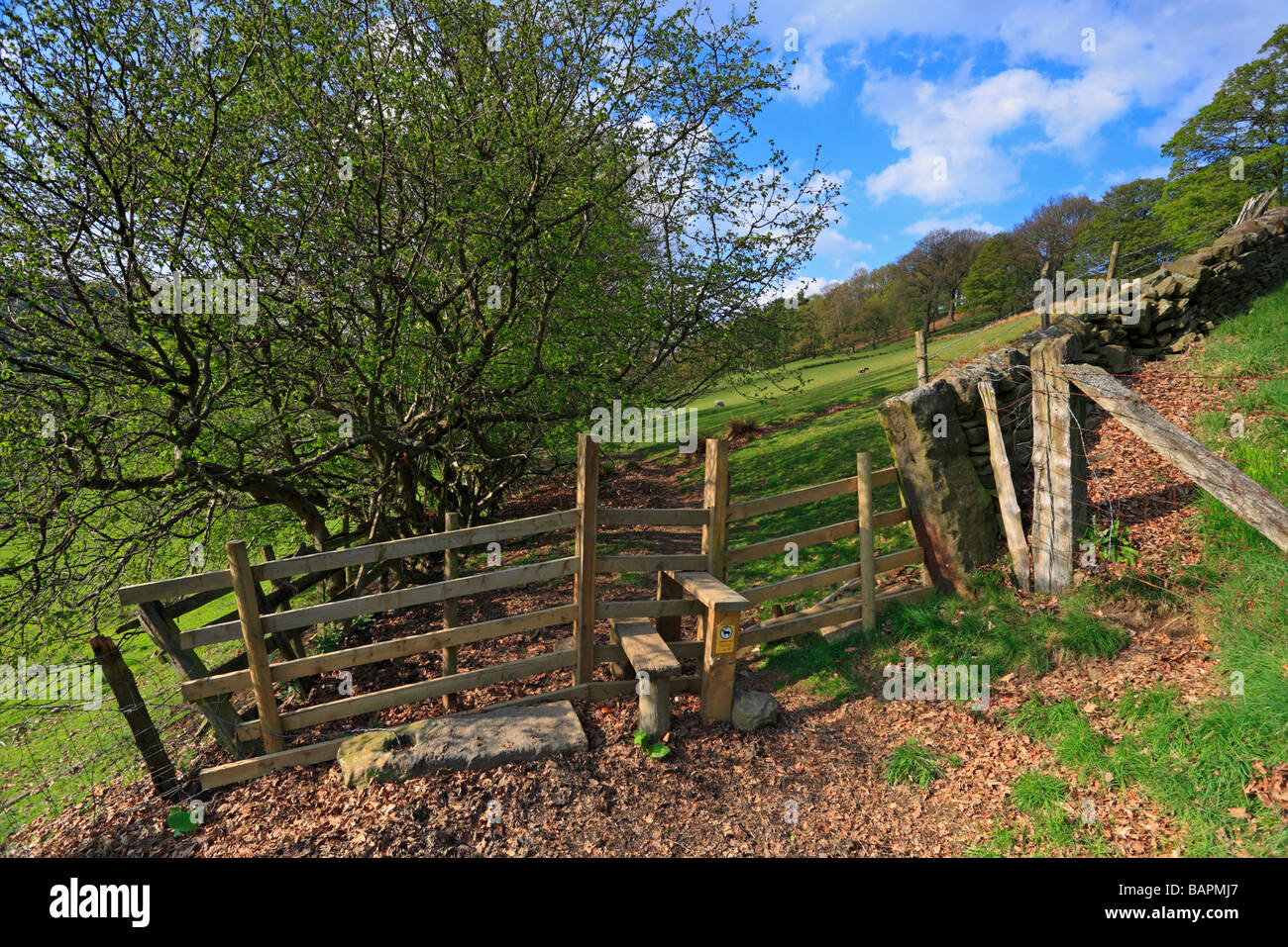 Wooden stile on a footpath above Hathersage, Derbyshire, Peak District National Park, England, UK. Stock Photo