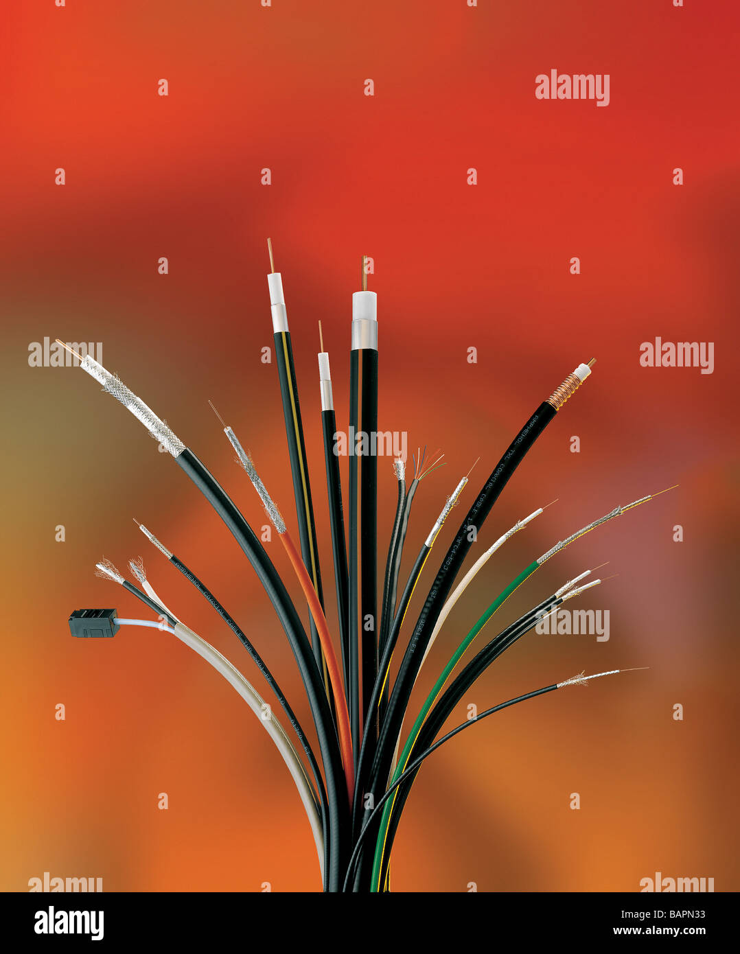 A spray of communications cables with a multicolored background Stock ...