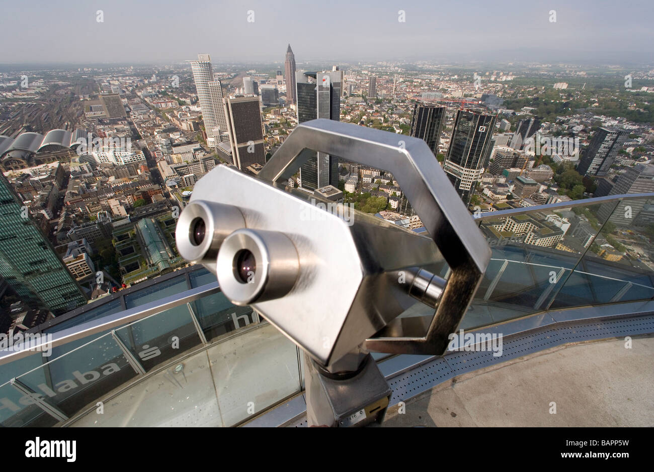 View of the financial centre of Frankfurt on the Main, binoculars in the front Stock Photo