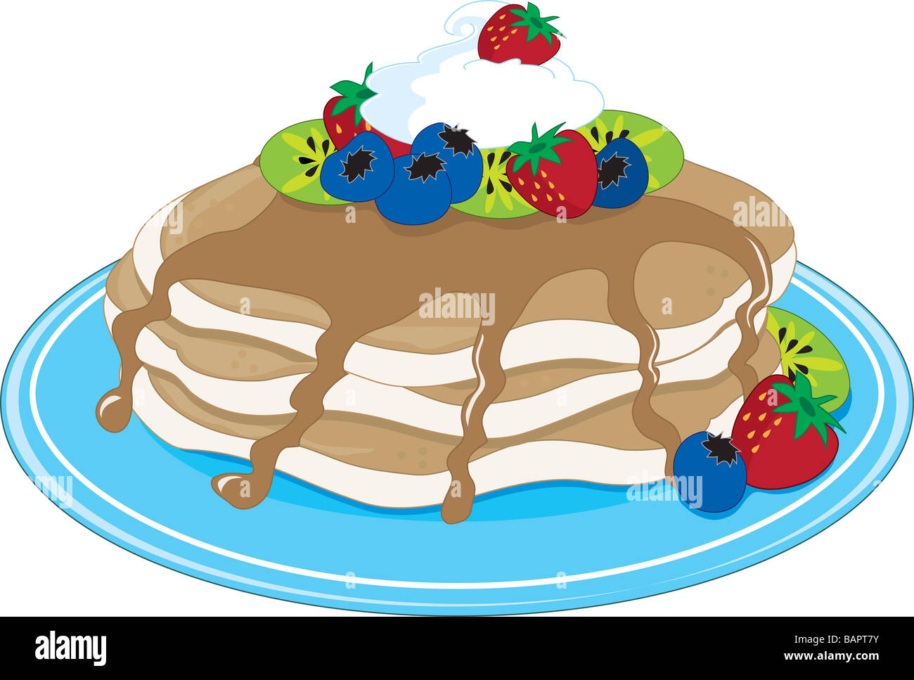 A stack of pancakes with maple syrup and fruit Stock Photo