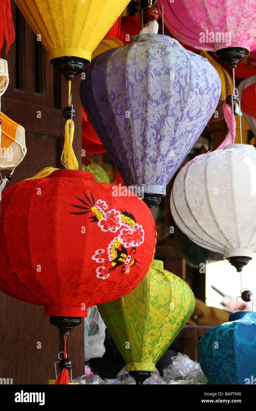 A selection of brightly coloured traditional lanterns on sale in Hoi An, Vietnam Stock Photo