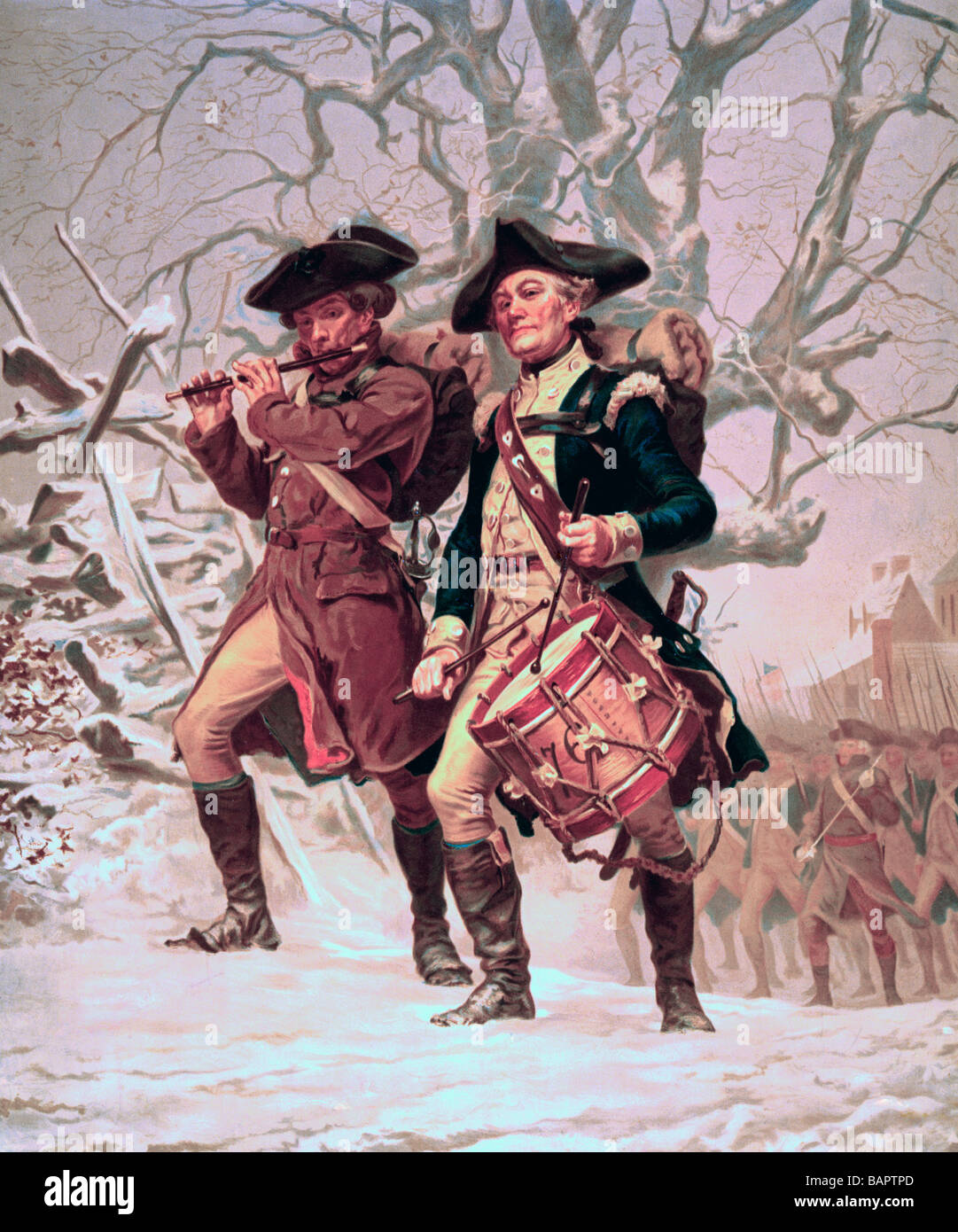 The Continentals - Two soldiers of the Continental Army color guard, playing fife and drum, marching in winter. Stock Photo