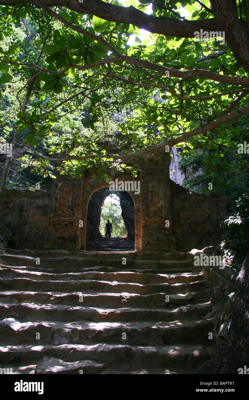 Steps leading up to a cave at Marble Mountain in Da Nang, Vietnam Stock Photo