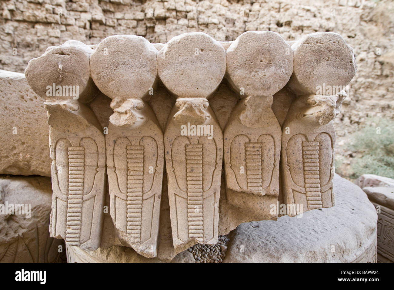 Broken part of frieze at Dendera Temple, Nile Valley, Egypt, North Africa Stock Photo