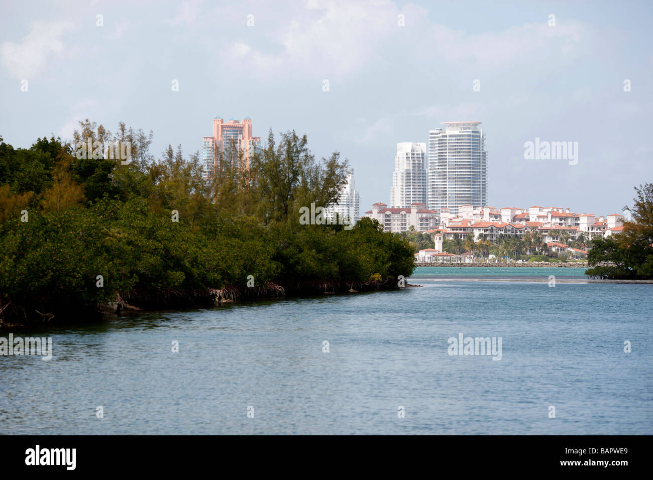 Views of Fisher Island from Key Biscayne Florida with South Beach  hi rise in the background Stock Photo