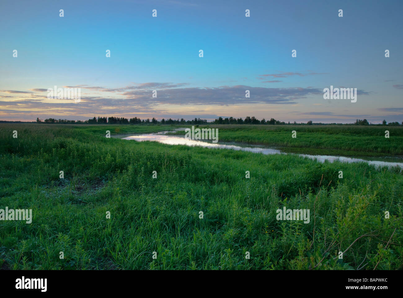 Bent of Kalnupe river and its floodplains after sunset Stock Photo