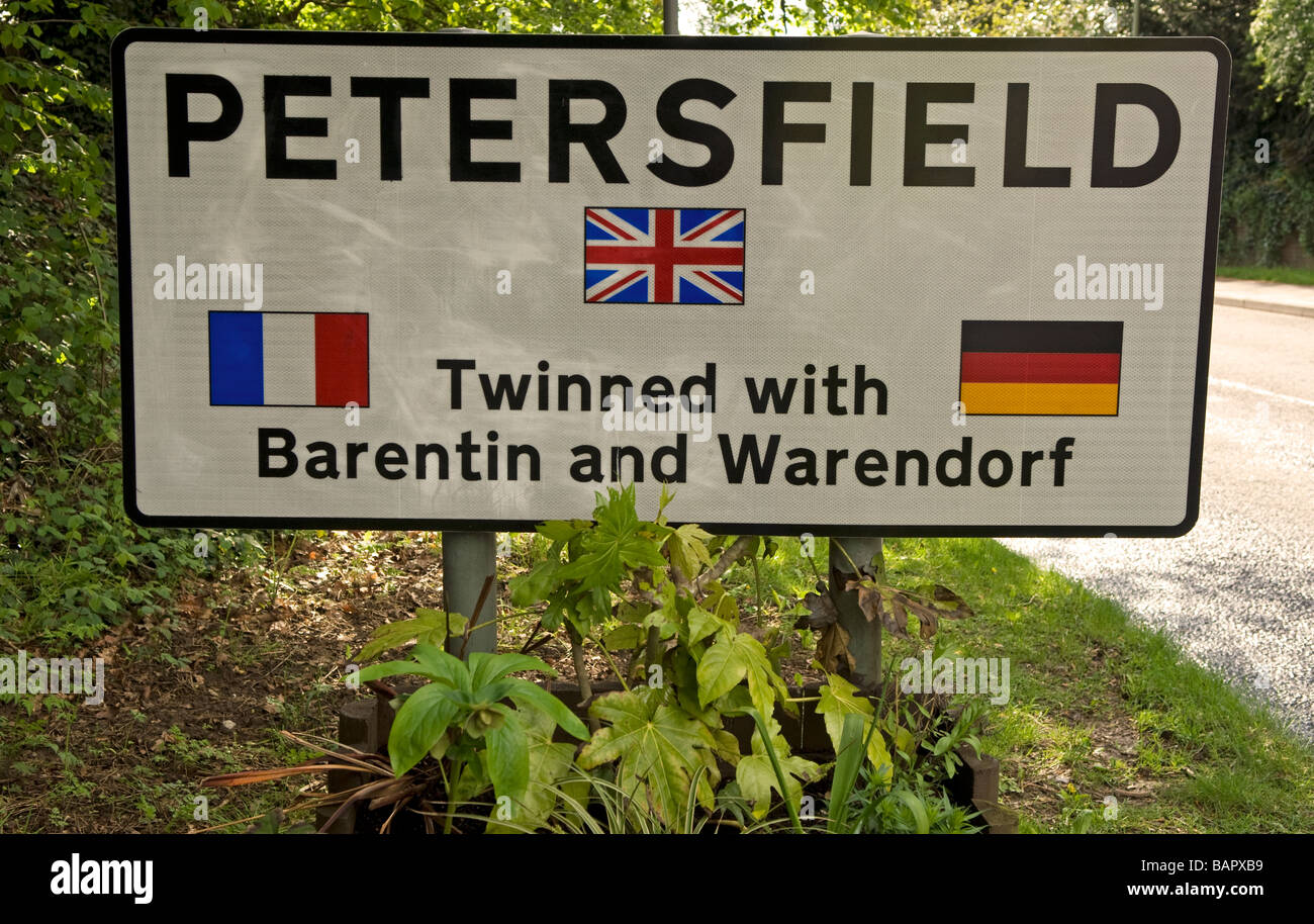 Sign for market town of Petersfield showing its twin status, Hampshire UK Stock Photo