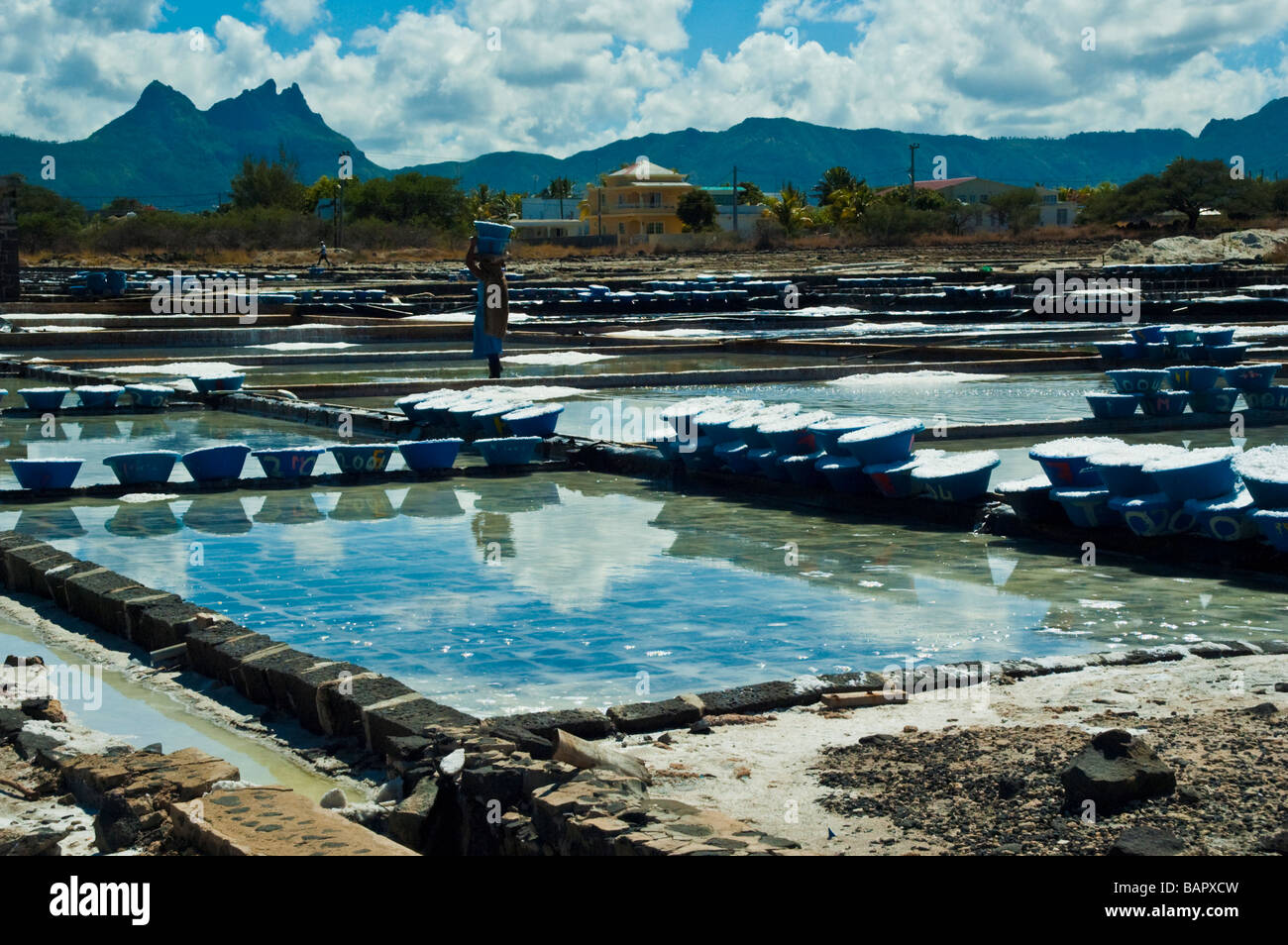Salt production in salt pans near Tamarin Mauritius Stock Photo