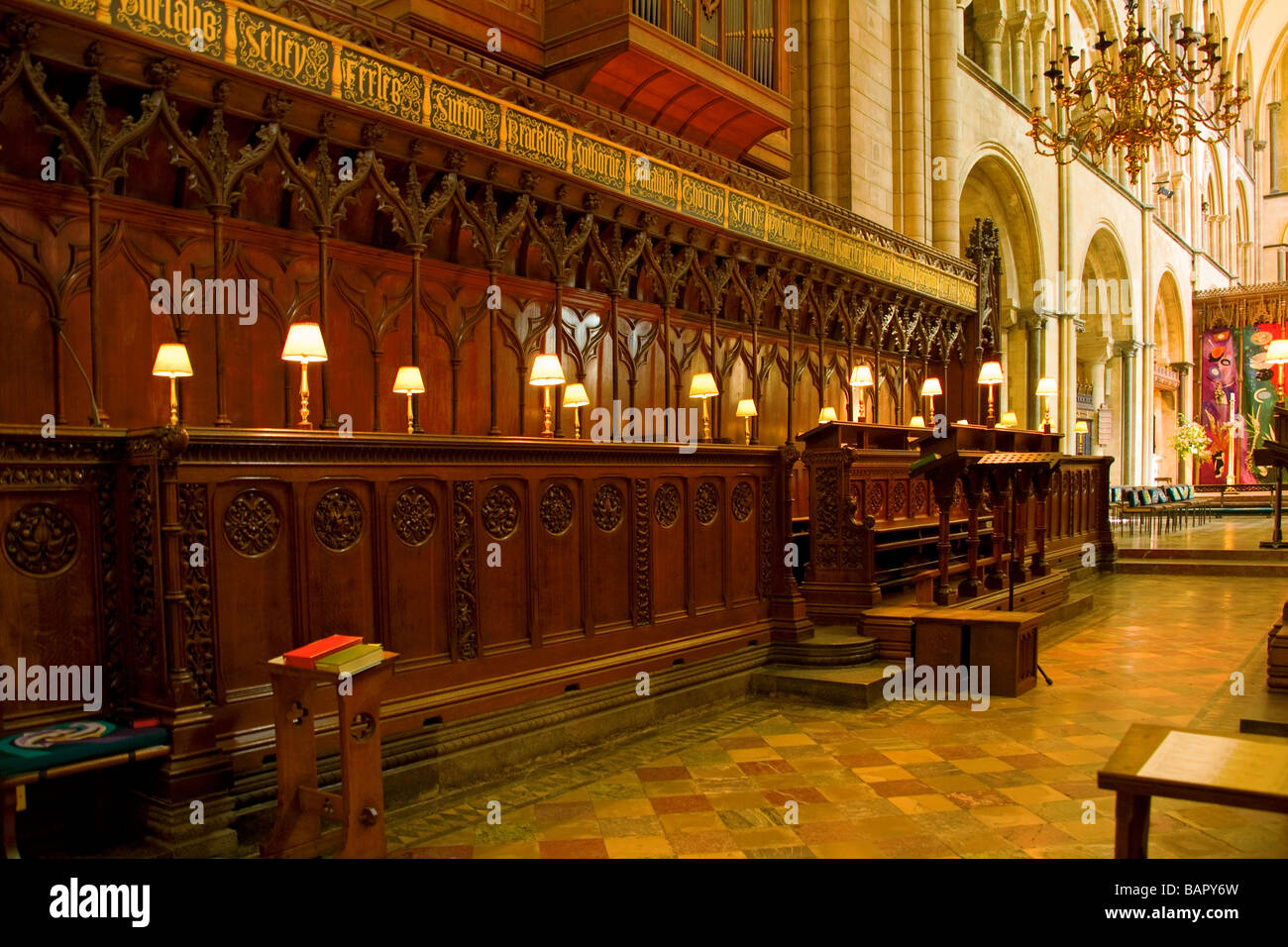 Choir stalls or The Quire in Chichester Cathedral, West Sussex, UK Stock Photo