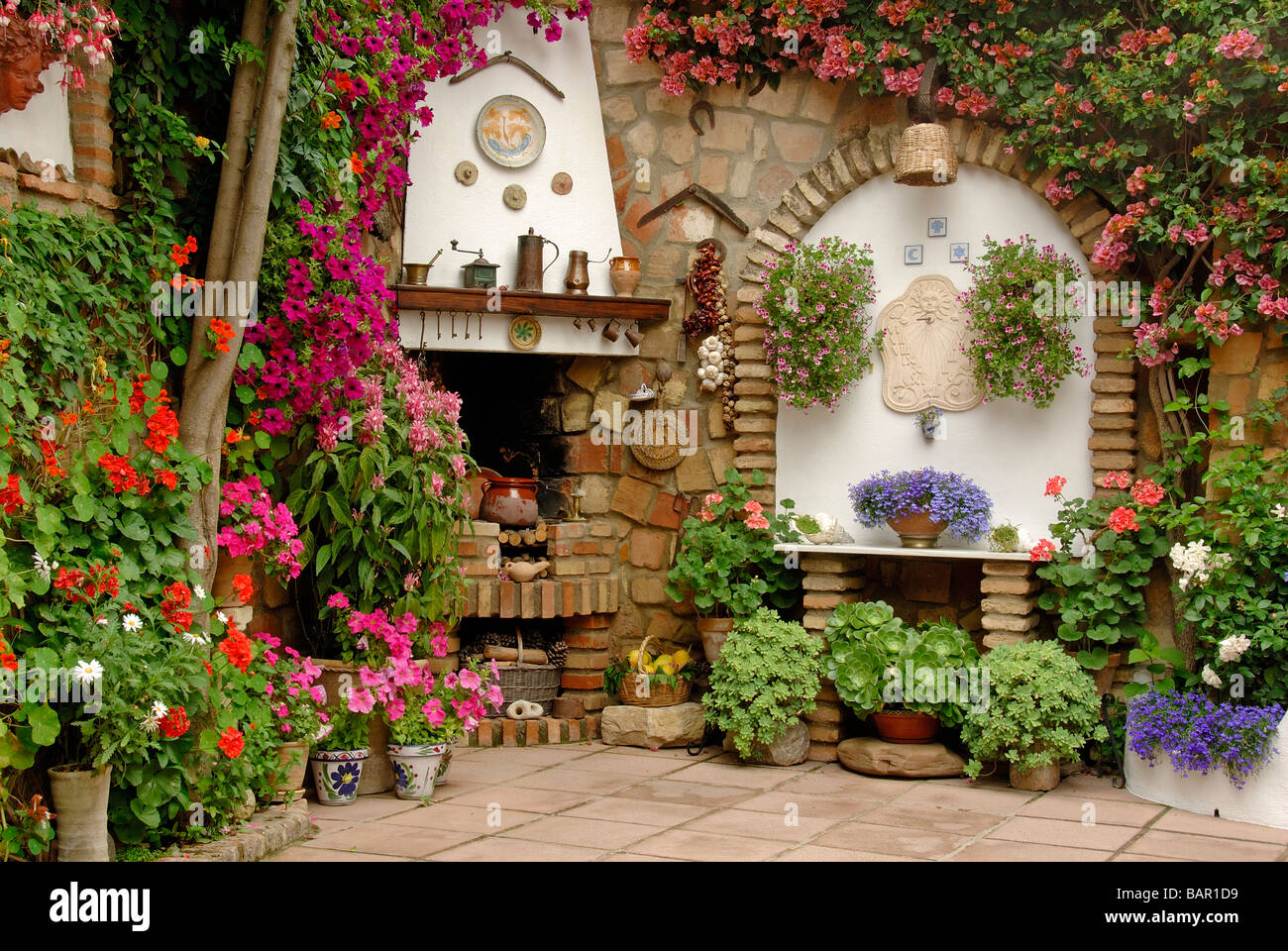 Andalucia Patio Patios de Mayo flowers in bloom Spain Spanish Patios Stock Photo