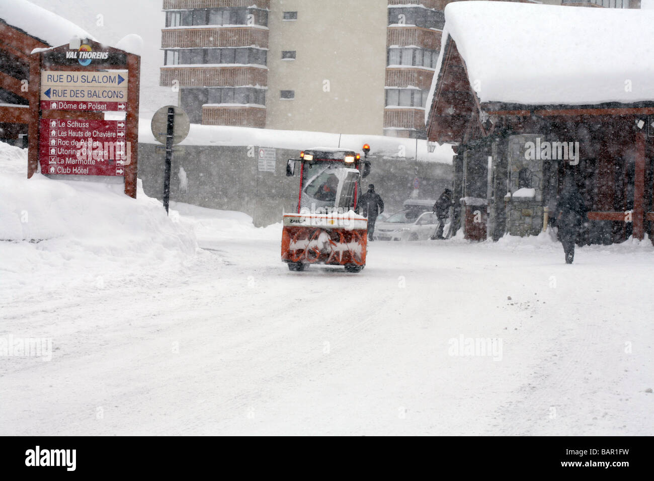 Snowplough clearing snow, Val Thorens, Three Valleys, Savoie, France Stock Photo