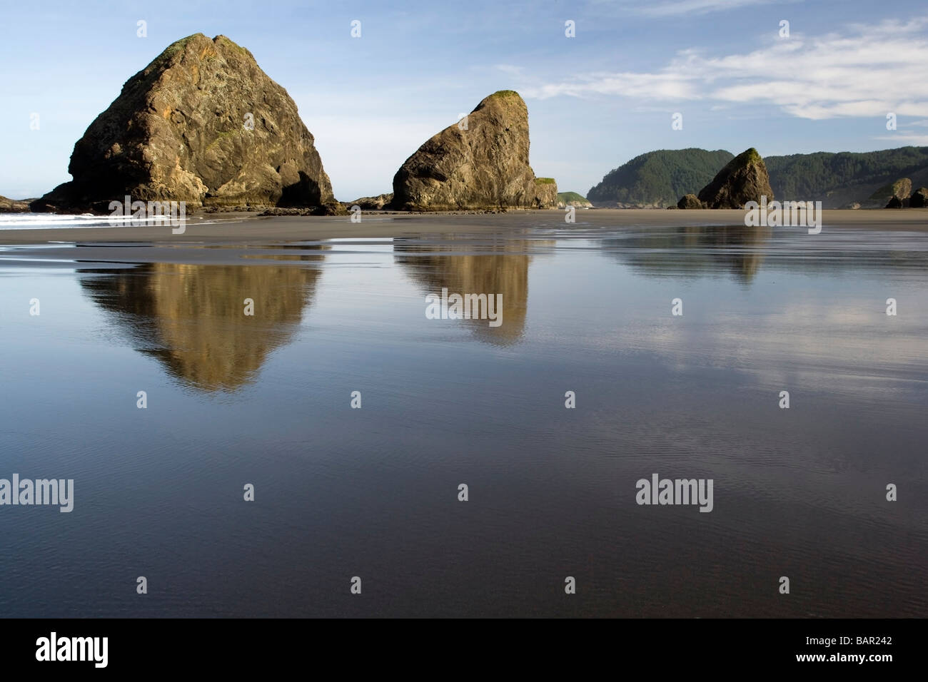 Sea stack reflections Pistol River Beach Gold Beach, Oregon Stock