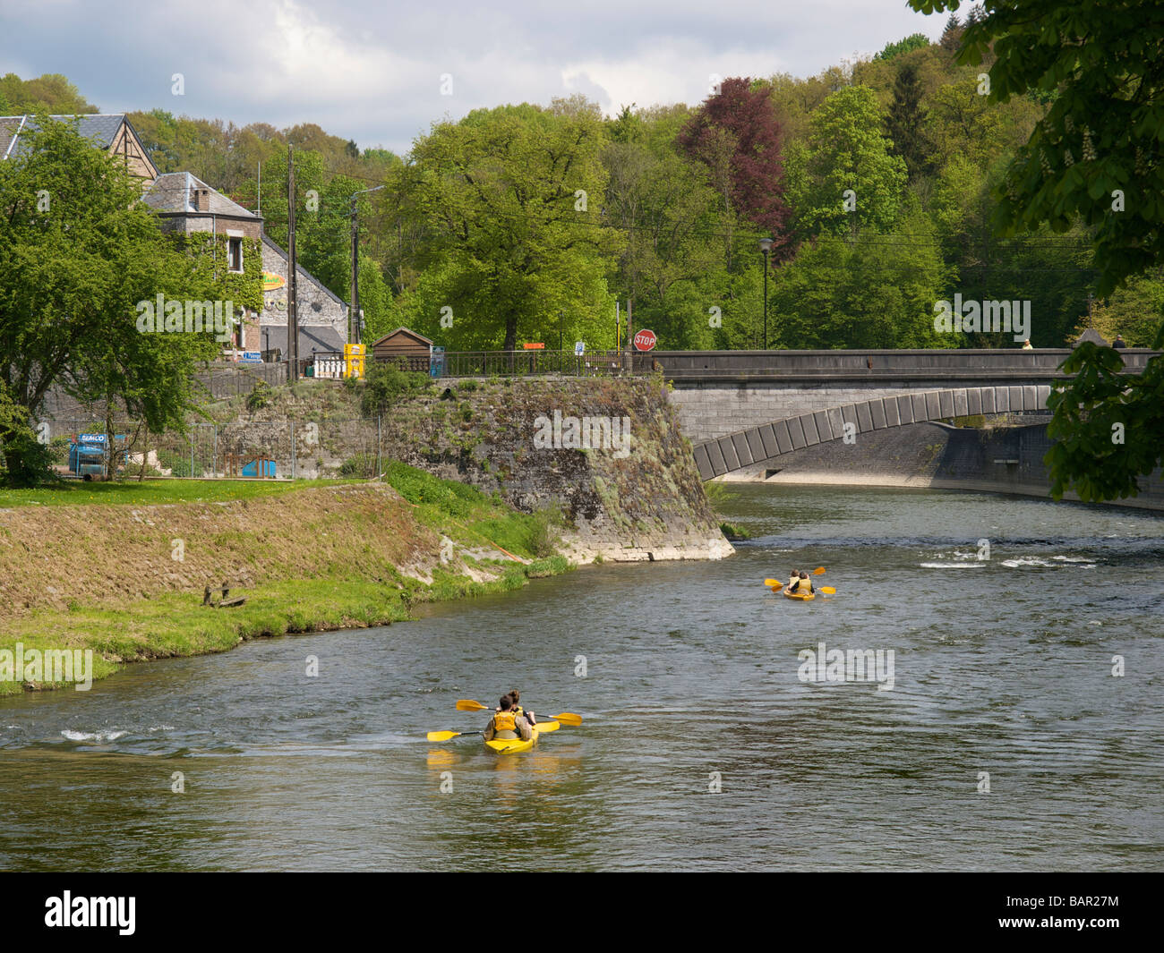 People kayaking on the Ourthe river in Durbuy Belgium Stock Photo