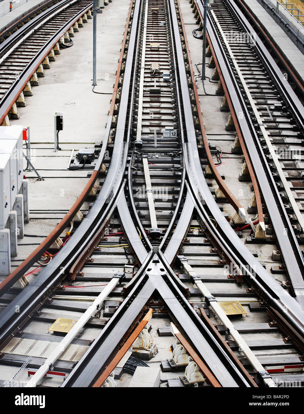 Metro line rail track at station Sallaz in Lausanne, Switzerland Stock Photo