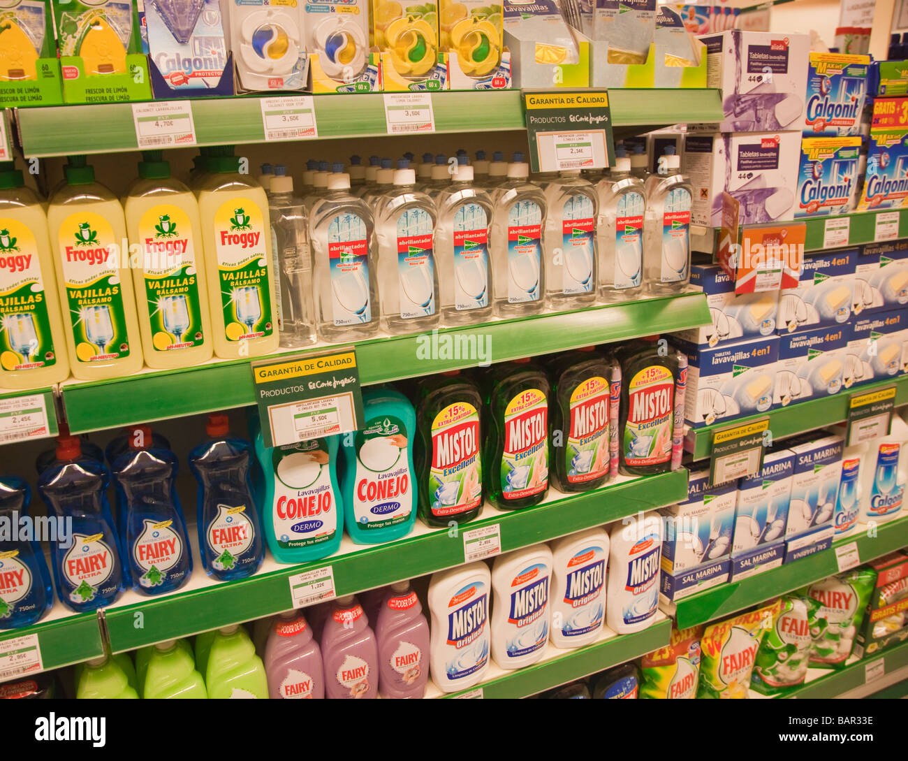 Dish washing and dish washing machine liquids on supermarket shelves in a SuperCor outlet of El Corte Ingles Spain Stock Photo