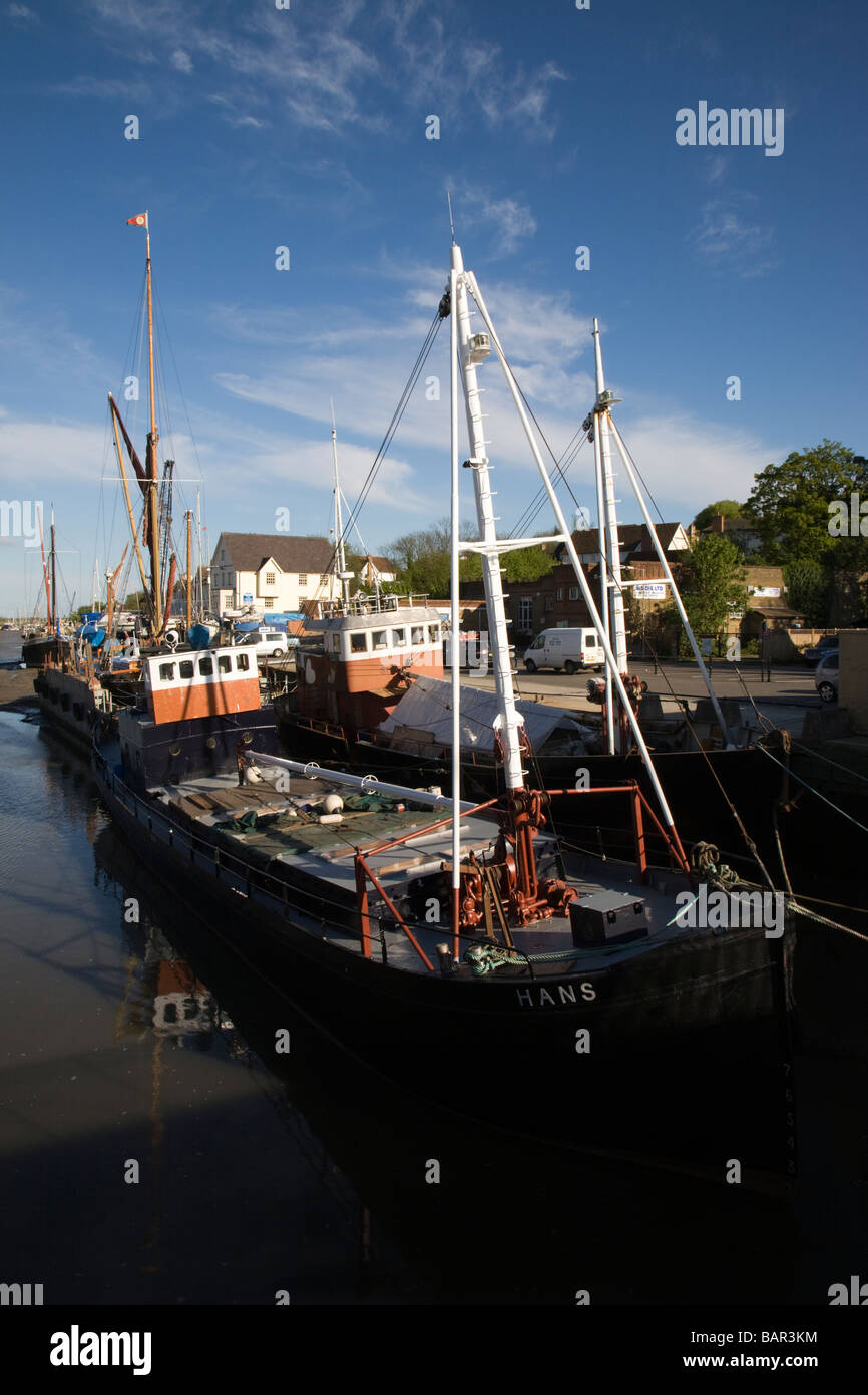Boats moored at 'Anchorage Hill' quay, Maldon in Essex, England, UK. Stock Photo