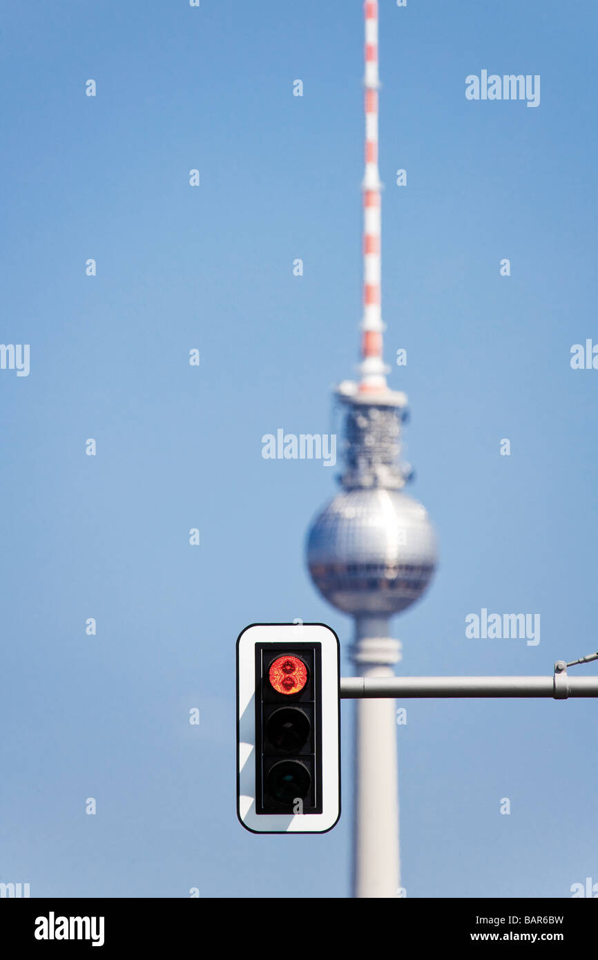 Germany, Berlin, Television Tower, stoplight in foreground Stock Photo