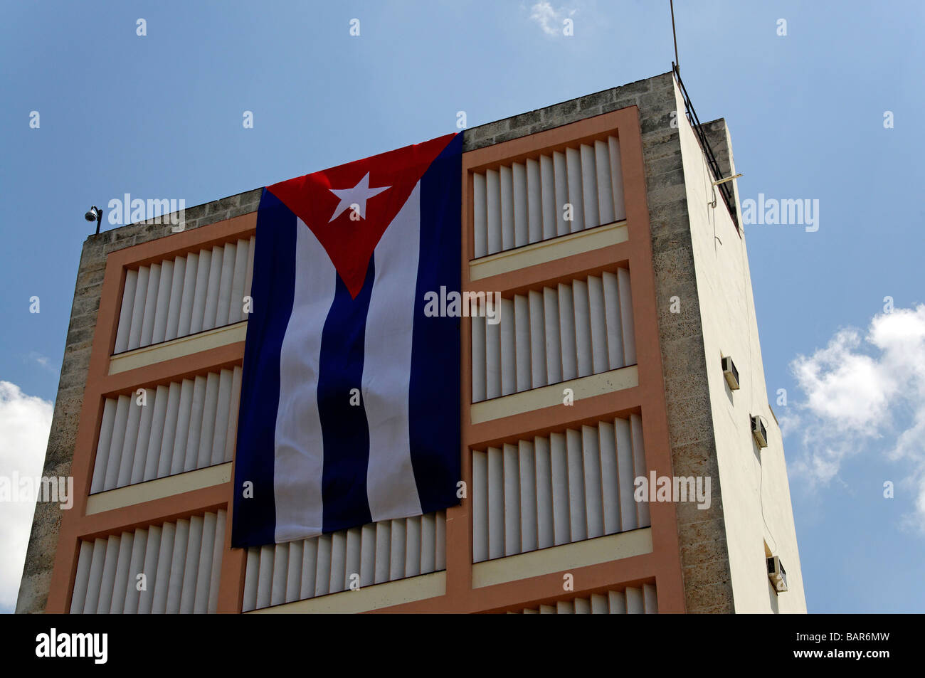 Large cuban flag on high rise building, Havana, Cuba Stock Photo