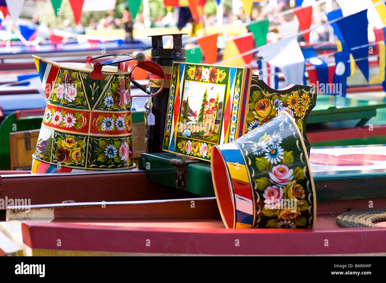 Decorated narrow boats moored on Regents Canal in 'Little Venice' during Canalway Cavalcade, London, United Kingdom Stock Photo