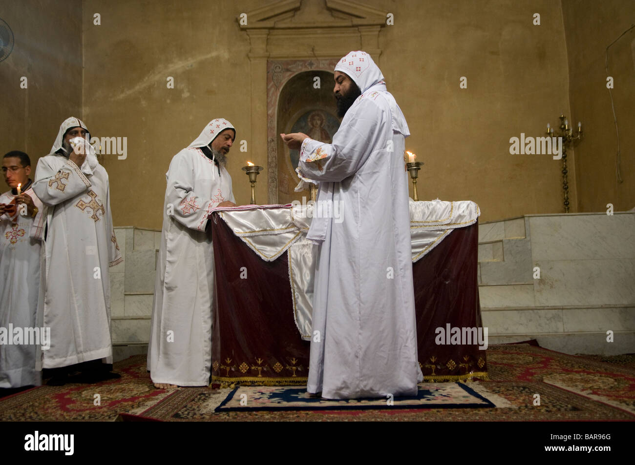 Coptic priests ritual process inside the Red Monastery Deir al Anba