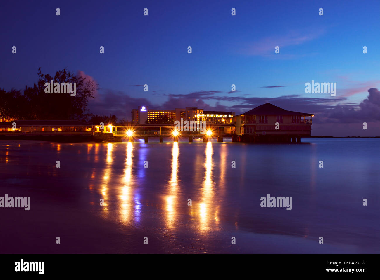 Sunset view of Grand Barbados Hotel from Brown Beach, Barbados, 'West Indies' Stock Photo