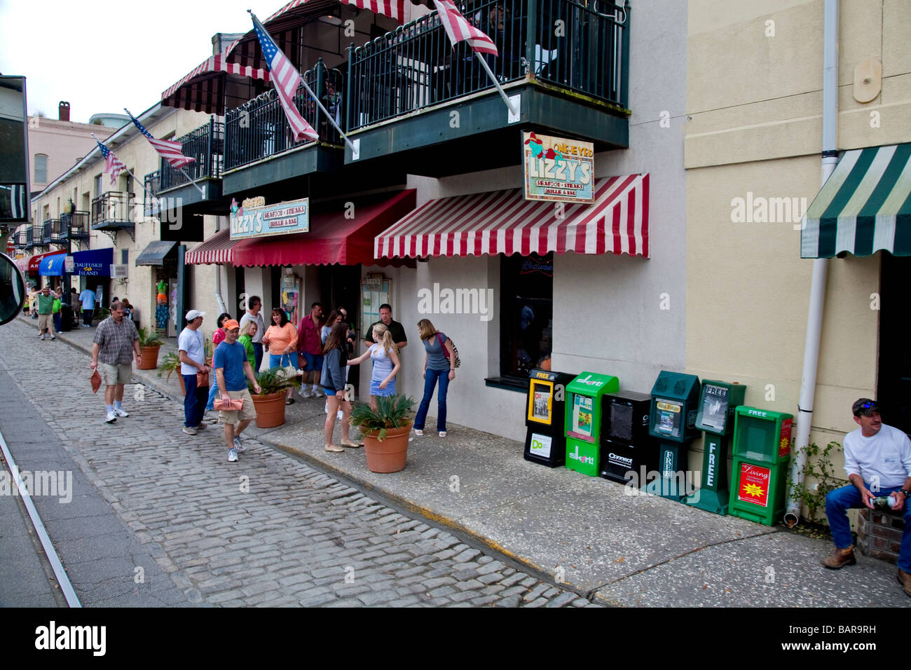 Hotels,restaurants and popular entertainment on  River Street, Southern USA City of Savannah, Georgia,USA,America Stock Photo