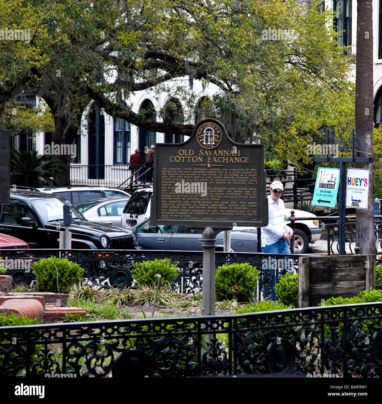 Historic plaque in Old Savannah Cotton Exchange sign,Southern USA City