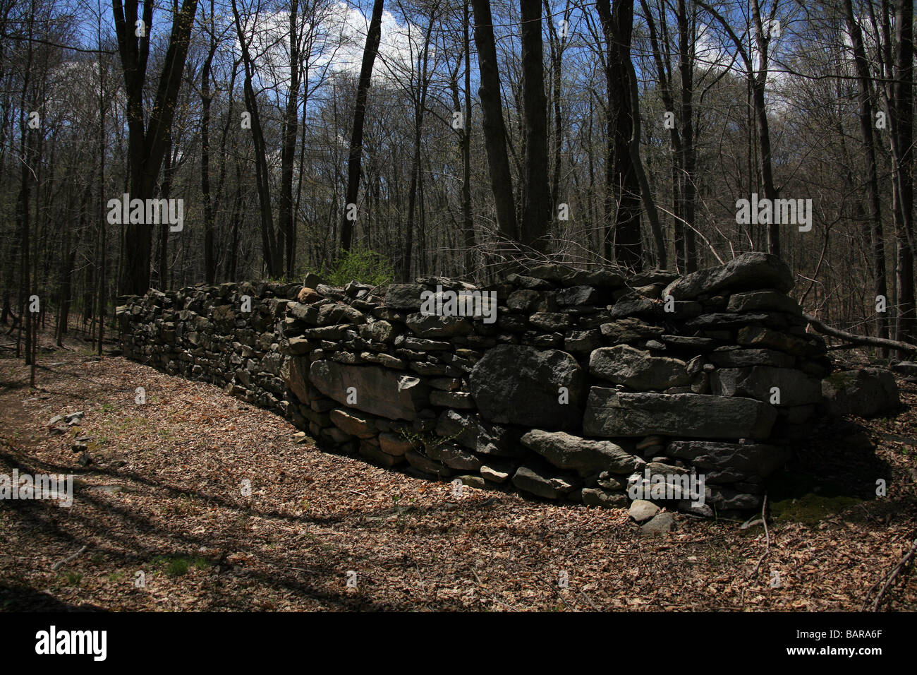 Ancient stonewall near the Wangtown Chamber in the woods of Kent in