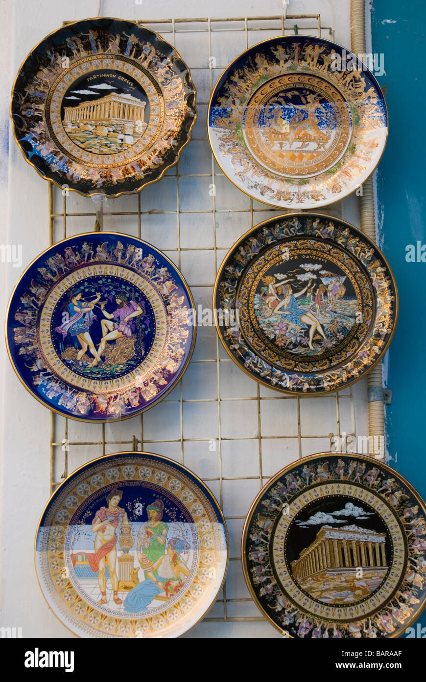 Decorated plates in souvenir shop in Plaka district of Athens Greece