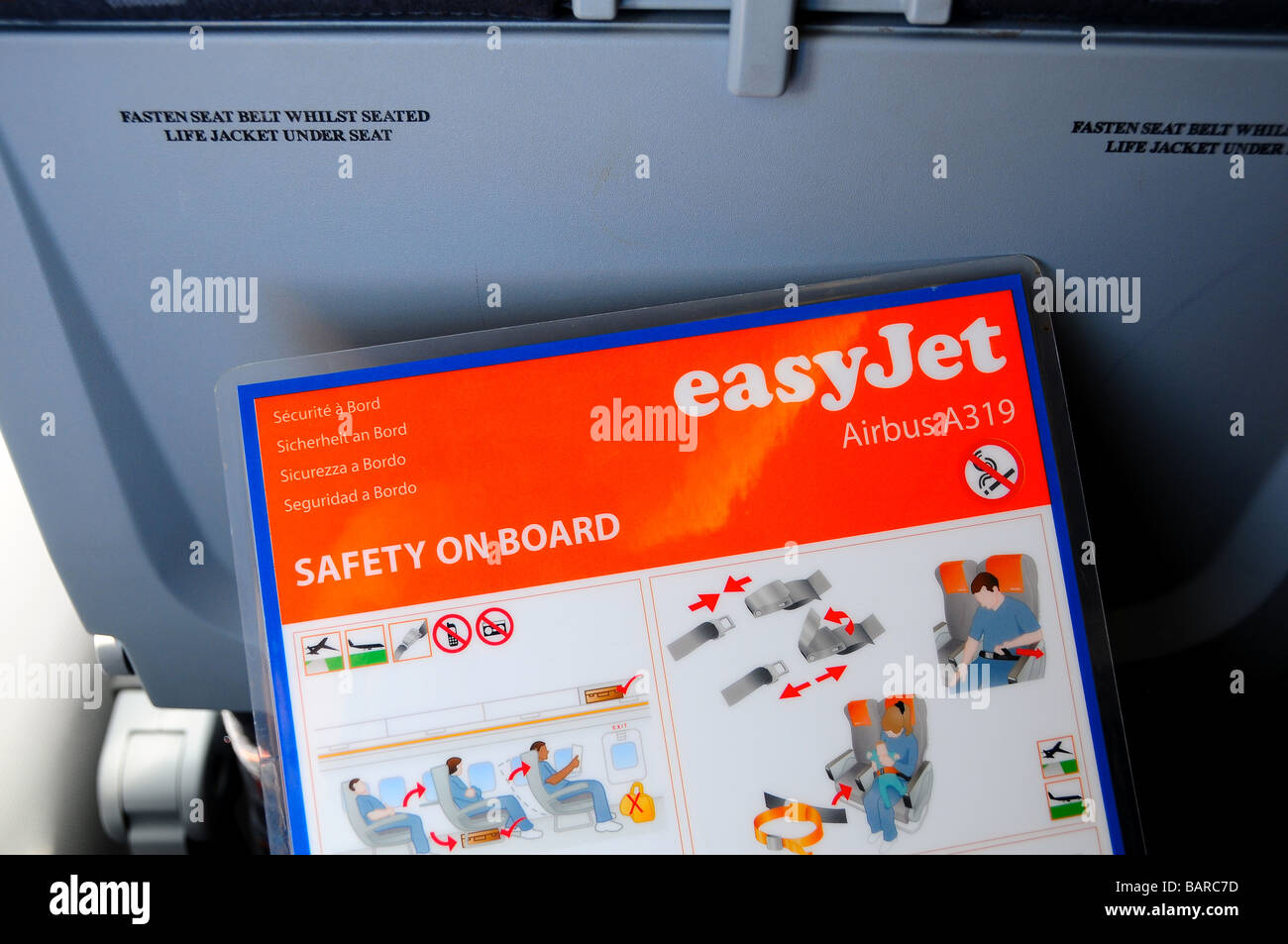 Airplane safety card on an Easyjet flight Stock Photo Alamy