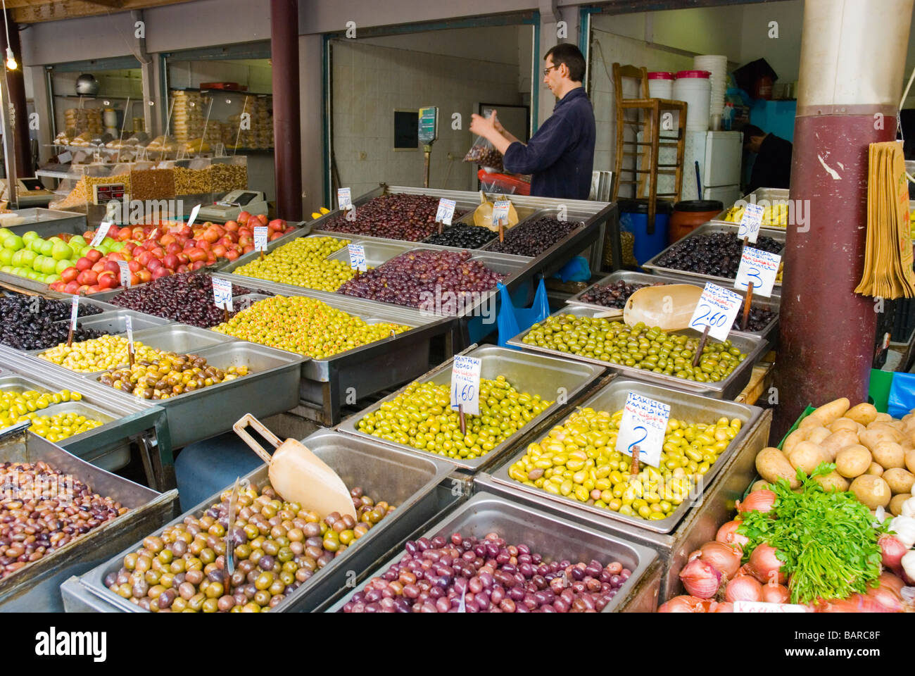 Olives at a market off Athinas street in Psyrri district of Athens ...
